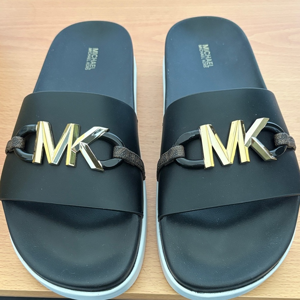 Michael Kors Black Slides with Gold MK Hardware